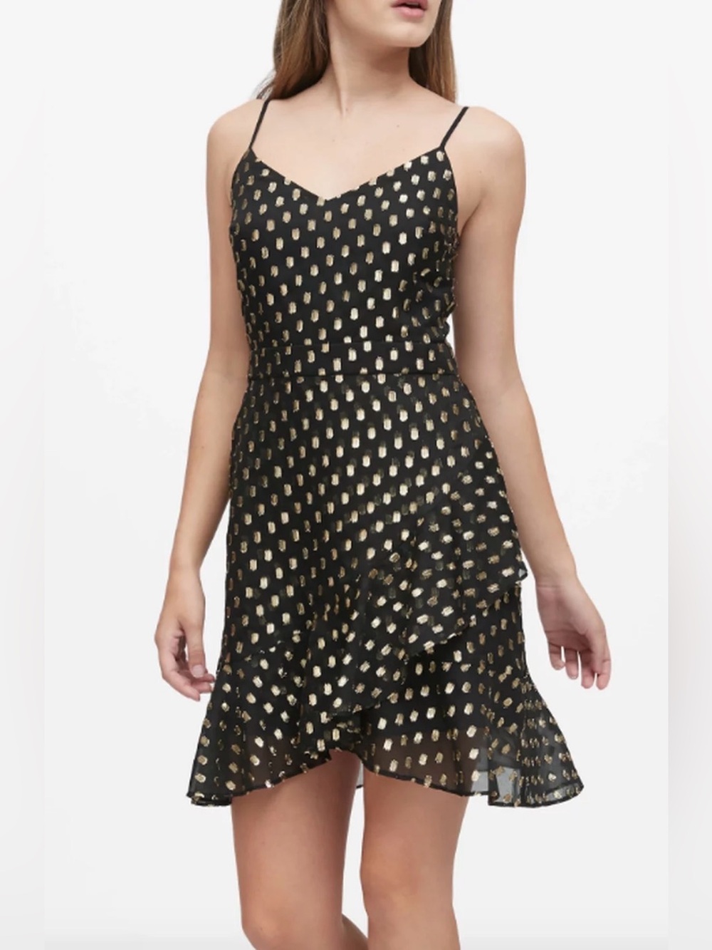 Banana Republic Black Gold Metallic Dot Ruffle Hem Dress Size 8